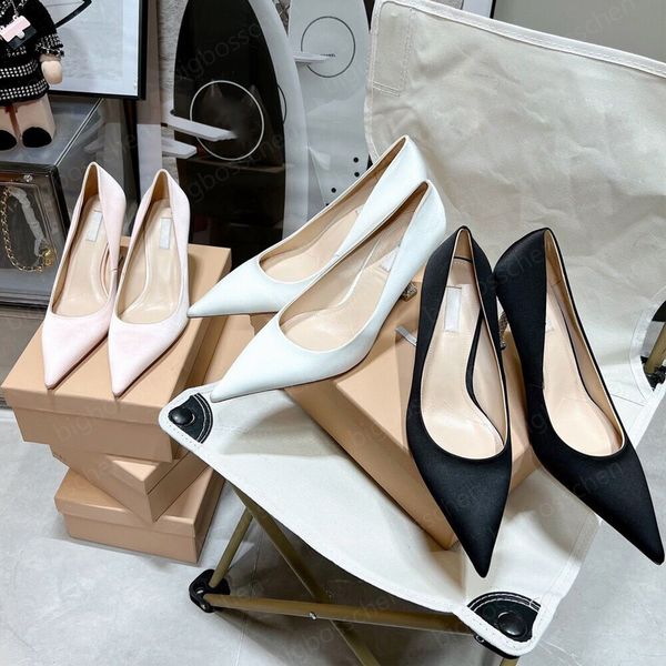 

heels high ladies designer dress wedding shoes miu fashion classic luxury satin surface pointed crystal heel black pink 9cm office career ba