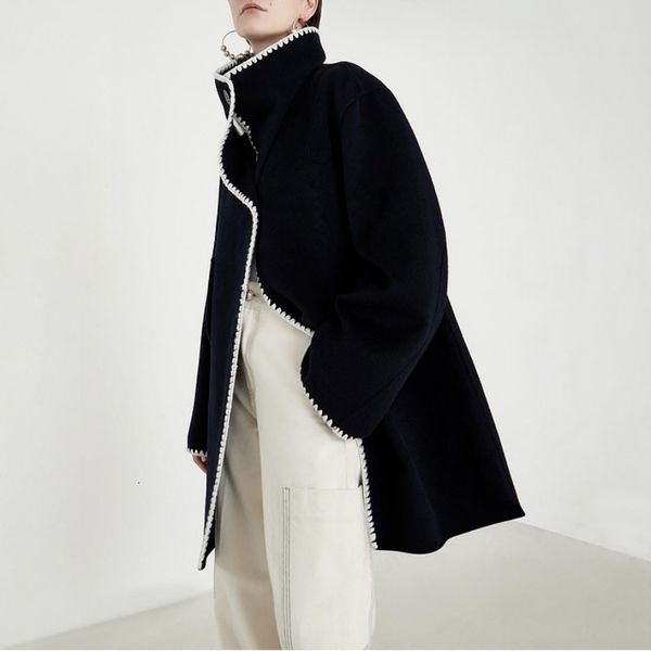 

women's jacket manual hook hem medium long woolen coat single breasted turndown collar ladies elegant loose black overcoat 230223, Black;brown