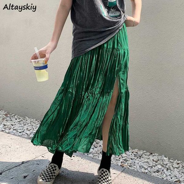 

skirts skirts women loose casual simple side-slit folds high waist summer thin ladies clothes daily harajuku elegant midi preppy l230224, Black