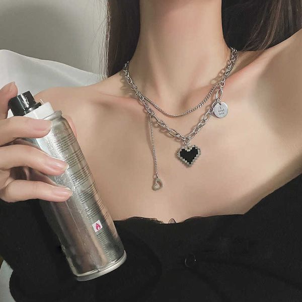 

new titanium steel double-layer mosaic love necklace female hip-hop minority design simple letter pendant clavicle chain, Silver