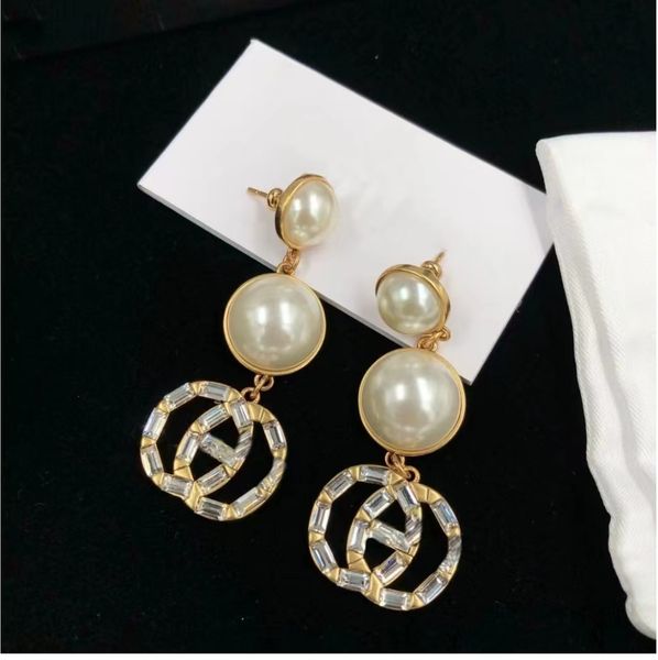 

designer luxury pearl crystal dangle earrings letters stud brand women crystal rhinestone pearl earring wedding party jewelry, Golden;silver