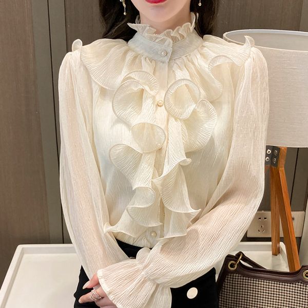 

women's blouses shirts korean ruffles stitching elegant lace blouse woman stand collar button chiffon shirt long flare sleeve fashion l, White