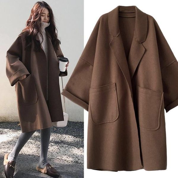 

womens jackets elegant woolen trench coat winter for women vintage windbreakers jacket midlength loose turndown collar plus size 4xl cardiga, Black;brown