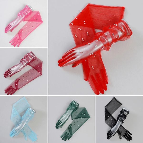 

new women ultra-thin pearl lace gloves sunscreen driving gloves mesh yarn long full finger gloves cosplay wedding mittens, Blue;gray
