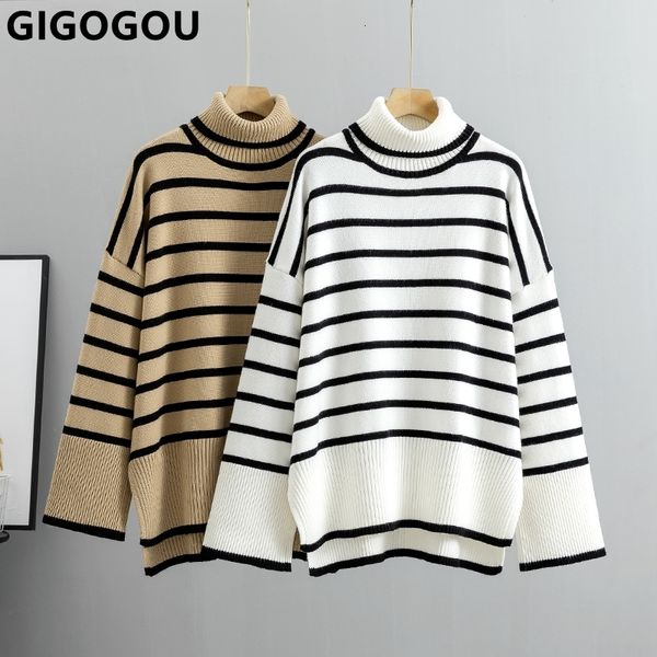 

women's sweaters gigogou oversized stripe winter women sweater fashion loose casual turtleneck autumn pullover sweater female jumper 23, White;black