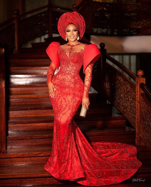 

2023 arabic aso ebi red mermaid prom dresses beaded crystals luxurious evening formal party second reception birthday engagement gowns dress, Black