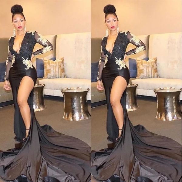 

black mermaid prom dresses with gold appliques 2023 new sheer long sleeve deep v neck split evening gowns for teens formal party vestidos