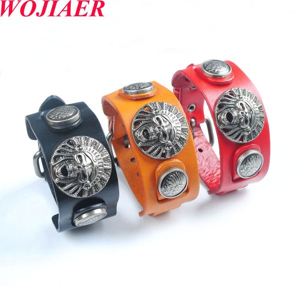 

wojiaer chakras and crystals retro simple nordic skull five-pointed star bracelets punk men wide leather bangle adjustable wristband pulsera, Black