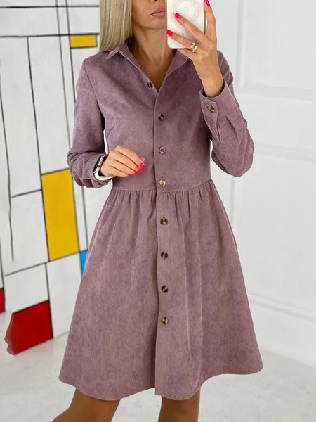 

casual dresses autumn retro corduroy khaki midi dress female turndown collar single breasted solid shirt for women vestidos 230224, Black;gray