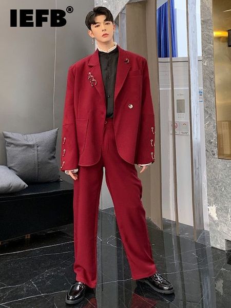

men s tracksuits iefb autumn winter personalized design iron ring decoration wine red suit 2023 korean fashion solid color male luxury 9a522, Gray
