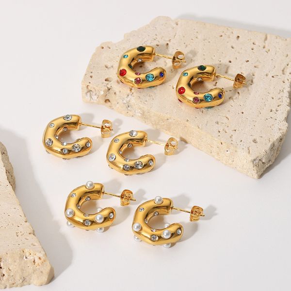 

luxury brand same earrings shaped hammer grain inset zircon pearl c ring 18k gold stainless steel earrings, Golden;silver