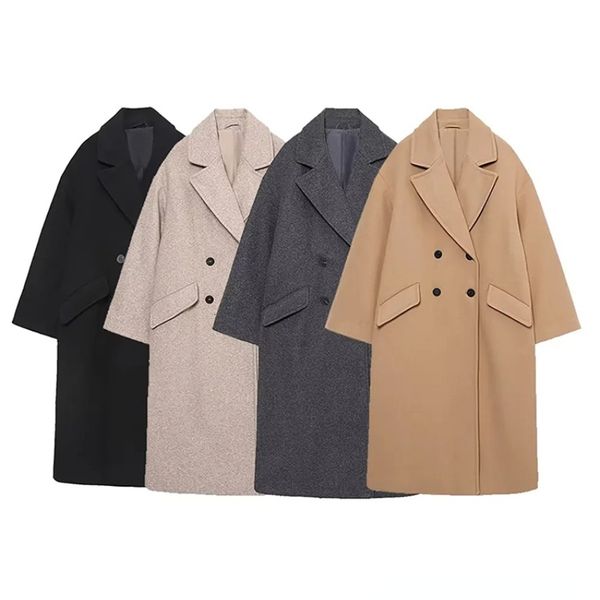 

women's jackets autumn winter thick wool long coats vintage v neck sleeve pockets fashion 2023elegant female for 230223, Black;brown
