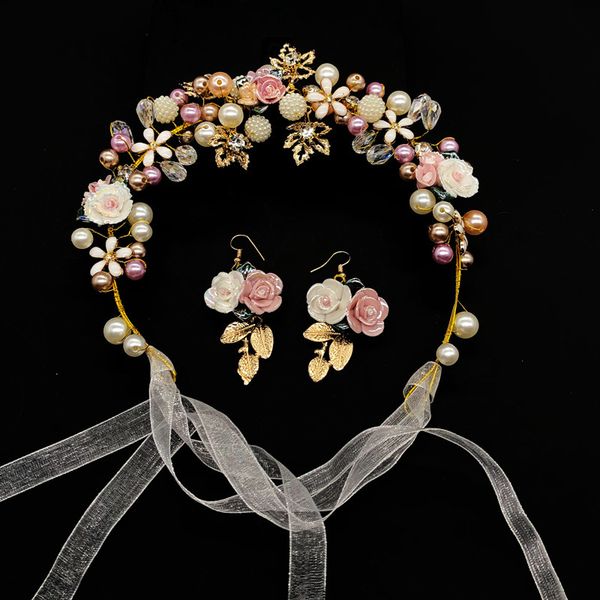 

wedding hair jewelry european and american bride decoration handwoven glazed light small ceramic flower band fairy earrings earrin 230224, Slivery;golden