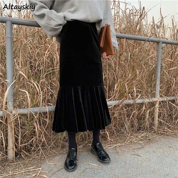 

skirts skirts women black vintage trumpet solid empire retro bf korean fashion clothing velutum teenagers long skirt for lady mermaid l23022