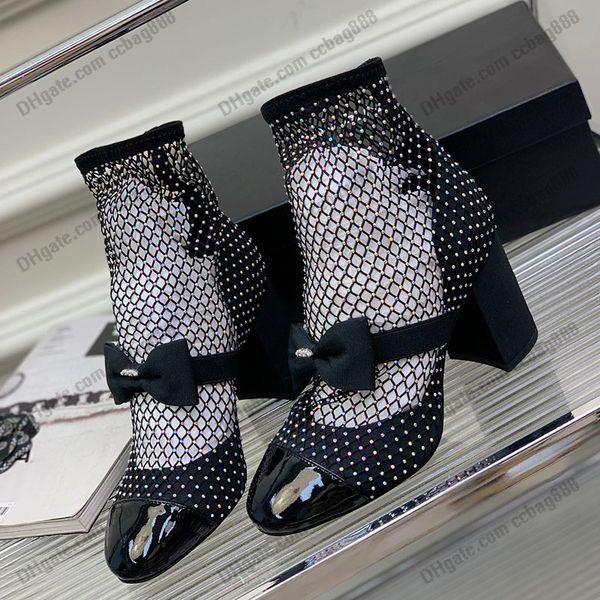 

womens patent leather dress shoe chunky heels sandals 5.5cn/8.5cm with bowknot mesh ladies slippers wedding shoe outdoor casual shoe classic, Black