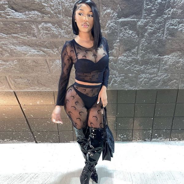 

print two piece set women see through long sleeve crop mesh skinny leggings matching set summer club party outfits, White
