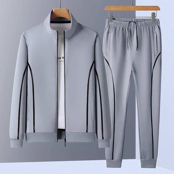 

mens tracksuits spring plus size sports suit baseball collar cardigan suit casual solid color stitching men sets los hombres conjuntos l7xl, Gray