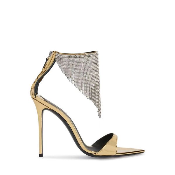 

2023 women's sandals spring and summer fashion new slim high heel hollow-out long rhinestone tassel fish mouth show sandals, Black
