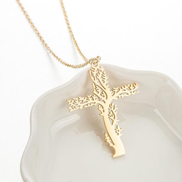 

10pcs tree of life cross necklace stainless steel christian jesus religious crucifix pendants chain choker prayer baptism amulet chokers col, Silver