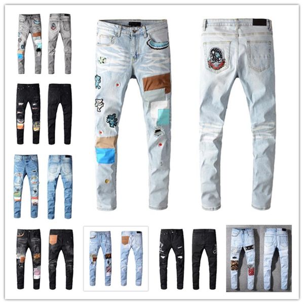

2021 mens fashion skinny straight slim ripped jean elastic casual motorcycle biker stretch denim trouser classic pants jeans size 243c, Blue