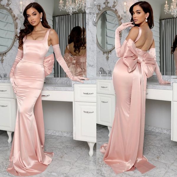 

simple light pink mermaid evening dresses fashion square neck prom dress backless big bow tie formal party gowns, Black;red
