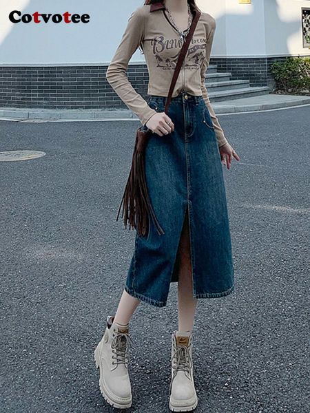 

skirts cotvotee high waist for women fashion vintage split loose denim chic streetwear solid mid calf long 230224, Black