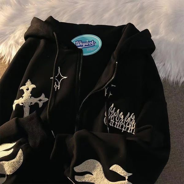 

womens hoodies sweatshirts flame embroidered ladies harajuku sweatshirt vintage letter loose casual streetwear long sleeve 230224, Black