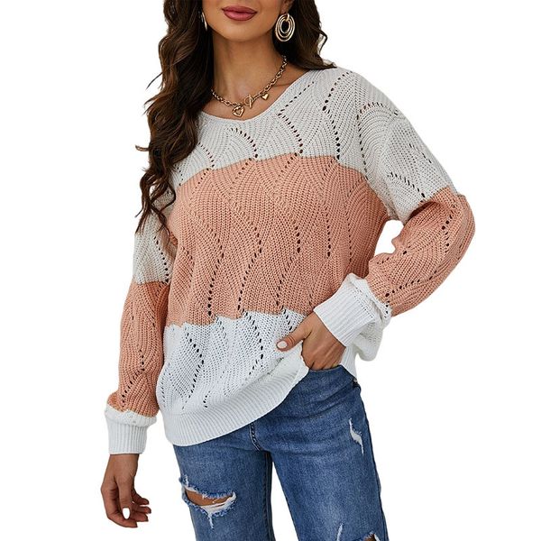 

crew neck pullover short thin women's sweaters acrylic lady contrast color block knits blouse with loose long sleeves curved hollow ou, White;black