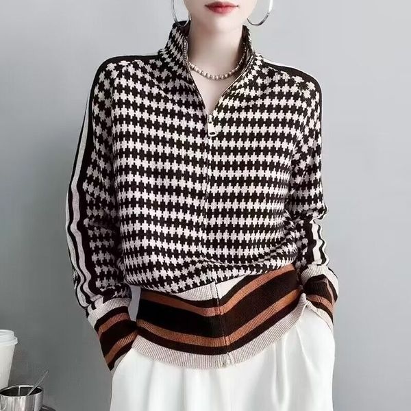 

womens jackets high street plaid fashion patchwork coats zipper autumn winter stand collar allmatch female clothing loose long sleeve 230223, Black;brown