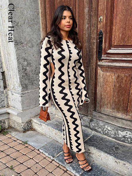 

casual dresses autumn flare long sleeve knitted maxi dress bodycon for women elegant cut out wave christmas party evening outfits 230224, Black;gray
