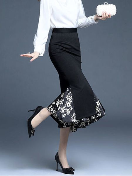 

skirts fairyshely women summer mermaid split skirt print splice high waist skirts knee black midi office lady pencil skirt 230224