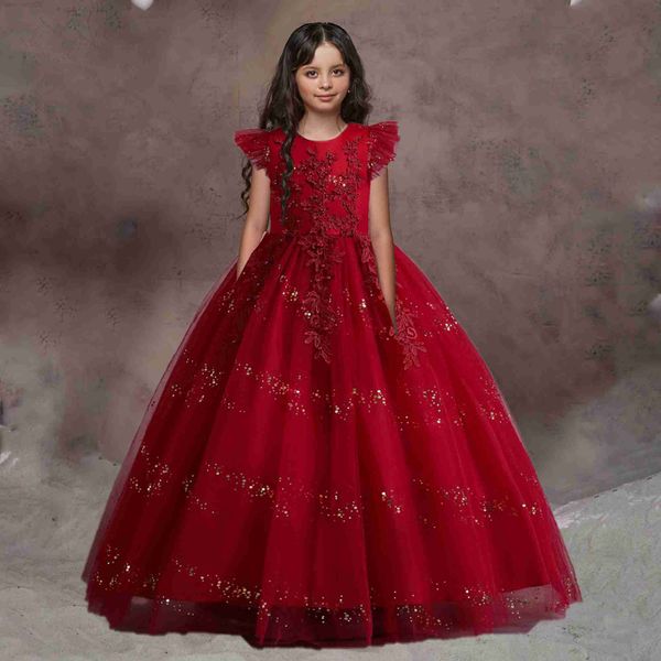 

girl's dresses formal flower lace bridesmaid kids wedding dress for girls children vintage party wedding princess dress pageant gown co, Red;yellow