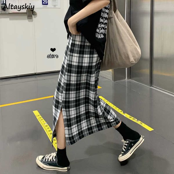 

skirts summer skirts women harajuku plaid basic simple korean trendy midi faldas mujer all-match thin elastic waist streetwear l230224, Black