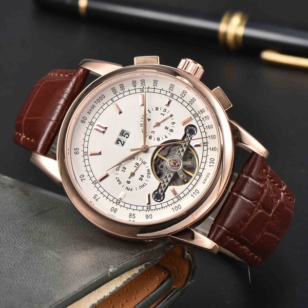 

2023 men's luxury mechanical watch leisure fashion five-pin running second large flywheel multi-function calendar waterproof belt watch, Slivery;brown