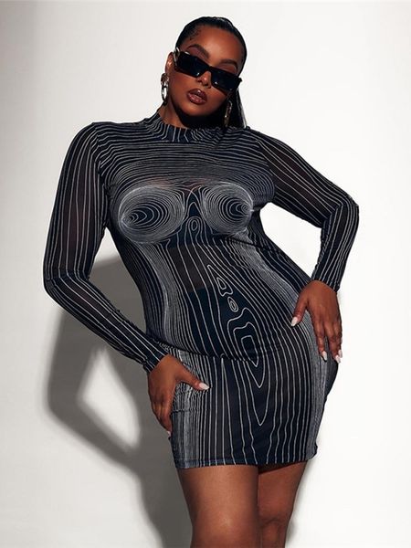 

casual dresses wjfzqm fashion oneck long sleeve streak printing bodycon jurk female clubwear clothing mesh see through mini dress women 2302, Black;gray