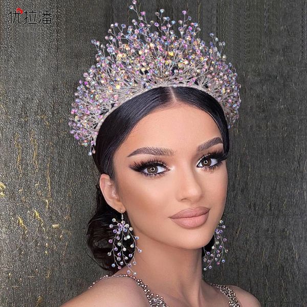 

wedding hair jewelry bridal headdress crown set ab color diamond necklace earrings three piece accessories headpiece 230224, Slivery;golden
