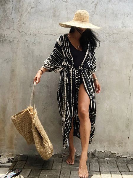

casual dresses fitshinling summer vintage kimono swimwear halo dyeing beach cover up with sashes oversized long cardigan holiday covers 2302, Black;gray