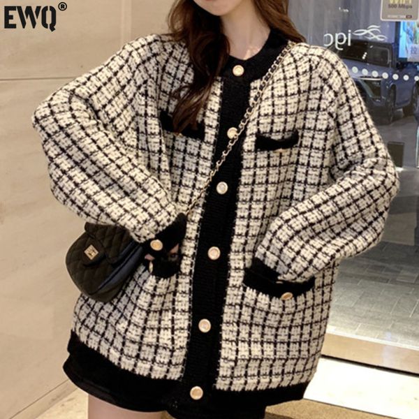 

women's knits tees ewq autumn spring sweater coat retro shirt check long sleeve single breasted plaid loose knit cardigan ladies qb321, White