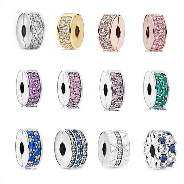 

pandora-925 sterling silver dangle charms rose-gold plated clip fixing clip flashing accessories positioning clip blue inlaid treasure inter, Bronze;silver