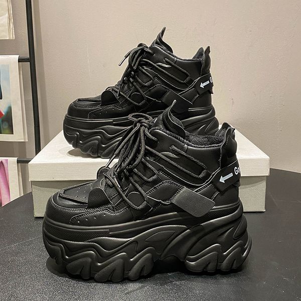 

dress shoes women winter warm chunky sneakers thick bottom female casual leather dad shoe lace up 8cm high platform vulcanized woman 230224, Black