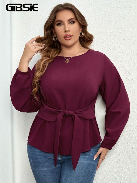 

women's plus size t-shirt gibsie plus size tie front round neck solid blouse women spring fall big size long sleeve office female casua, Black