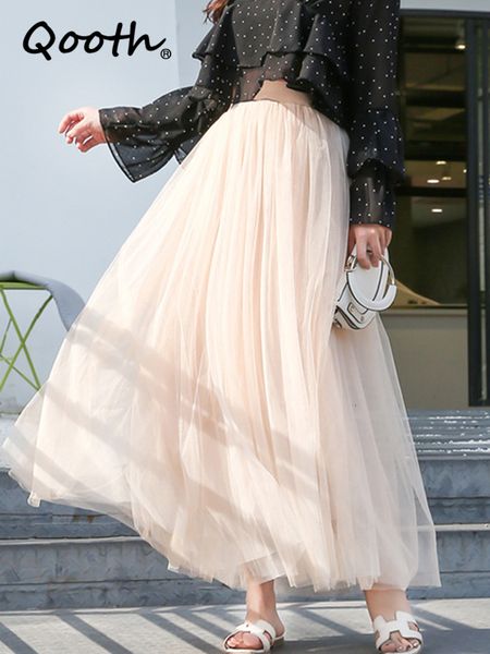 

skirts qooth elastic waist 3 layers mesh long tulle skirt spring autumn elegant vintage high waist ball gown gauze tutu skirt qt2001 230224, Black