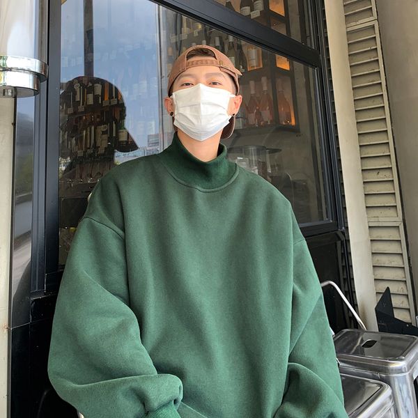 

men s hoodies sweatshirts harajuku men autumn winter fleece turtleneck sweatshirt streetwear hip hop korean solid hoodie pullovers basic 23, Black