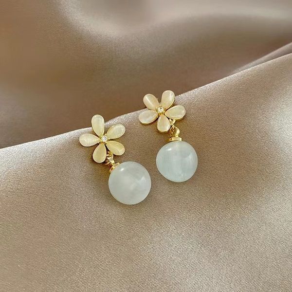 

korea east gate flower opal earrings ins hong kong style pearl earrings gentle personality versatile earrings, Golden