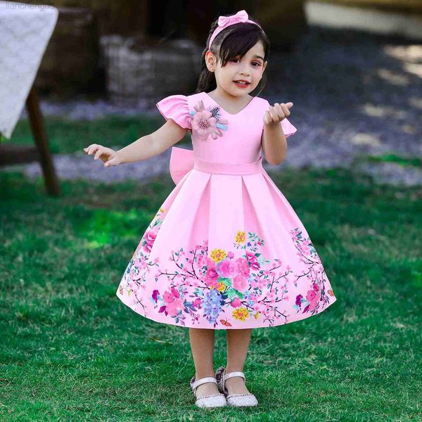 

girl's dresses spring new print flower wedding dress for girls princess dress children bridesmaid dress kids bowknot evening dresses 1-, Red;yellow