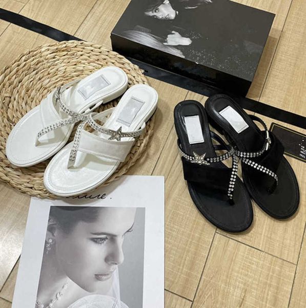 

2023 new summer women's diamond embellished star c buckle slippers female's flip flops sheepskin leather slippers sandals thong sh, Black