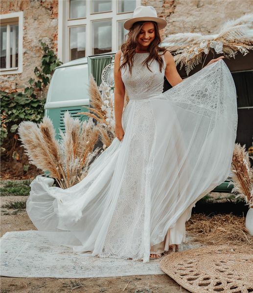 

chic crochet lace boho wedding dress 2023 flowy backless bohemian hippie wedding dresses civil summer beach bride dress robe de mariee vesti, White