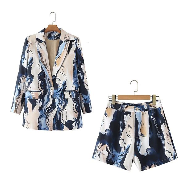 

women s suits blazers fashion print office suit jacket flap pockets decor casual temperament retro female chic blazer shorts set mujer 23022, White;black