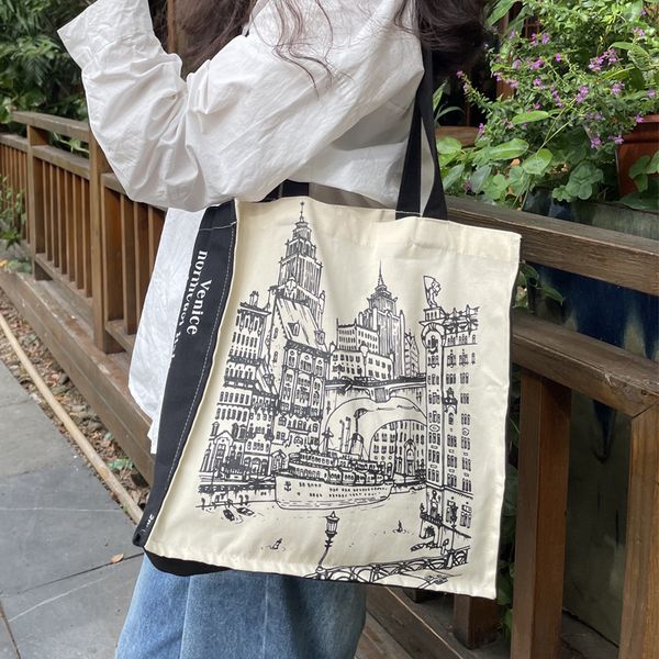 

evening bags women canvas shoulder venice city print ladies shopping cotton cloth fabric grocery handbags tote books for girls 230224