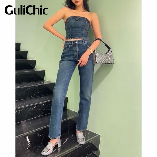 

women s two piece pants 3 24 gulichic triangle strapless zipper short denim tank or casual straight jeans high street set women 230224, White